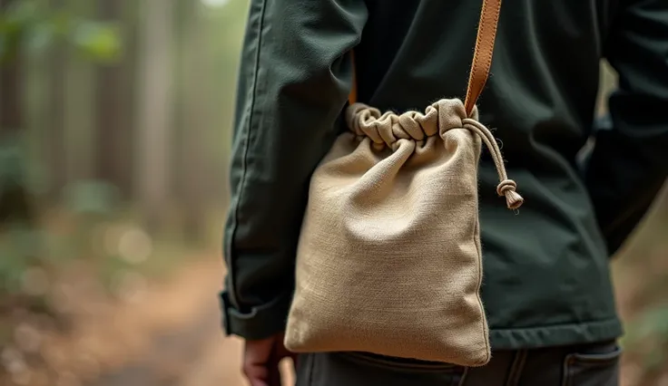 A close-up of a rustic cloth pouch hanging from a shoulder, symbolizing the simplicity of life.
