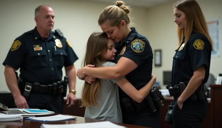 A young girl in distress is comforted by a compassionate female police officer inside a police station. The officer gently embraces the , offering reassurance and support. Two other officers, one male and one female, stand nearby, observing with concern. T...