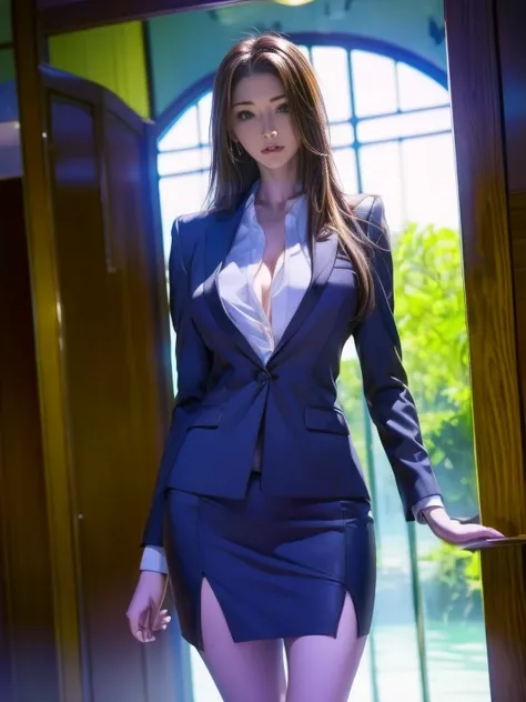    top quality ,    is present ,    tall very detailed   , finely,    high resolution,  8k wallpaper,    Aquarium Building Beauty  ,,     light brown disheveled hair   ,    wearing a business suit  ,Wearing a slit skirt   、     Sharp Concentration,    perf...