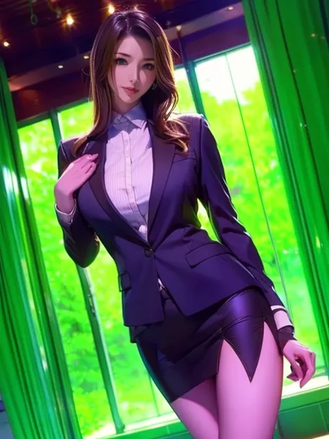    top quality ,    is present ,    tall very detailed   , finely,    high resolution,  8k wallpaper,    Aquarium Building Beauty  ,,     light brown disheveled hair   ,    wearing a business suit  ,Wearing a slit skirt   、     Sharp Concentration,    perf...