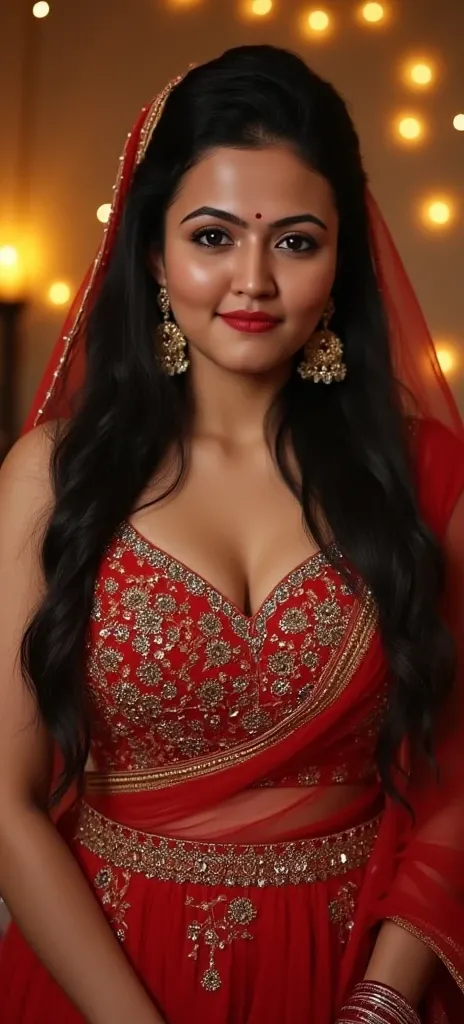 Indian girl, slowly chubby body and chubby face, suhagraat, lehenga, horny, lusty eyes, cleavage, big breast slim waist thick thighs, very Red lips, deep cleavage, High Resolution, long hair, most beautiful eyes, long hanging earrings, wedding bangles on b...