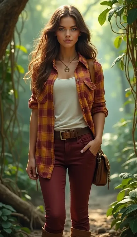 Beautiful realistic girl, brown hair, green eyes, a short-sleeve plaid open button shirt in shades of orange, red, and yellow, white tshirt hirt TUCKED in dark red jeans a brown belt with a simple buckle, jungle background, vines, full body, military Boots...