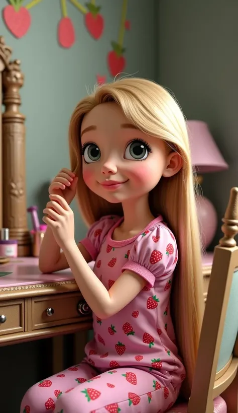 A young girl dressed in strawberry pajamas sits combing her hair in front of a dressing table (Rapunzel's face).