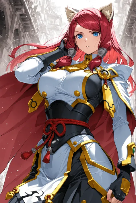 1girl, Tsubaki Yayoi from Blazblue, Blazblue,cowboy shot, oblyvion's real, hand on ear,medium large breasts, parted lips,serious, cape, ,, masterpiece, best quality, amazing quality, detailed background, intricate details