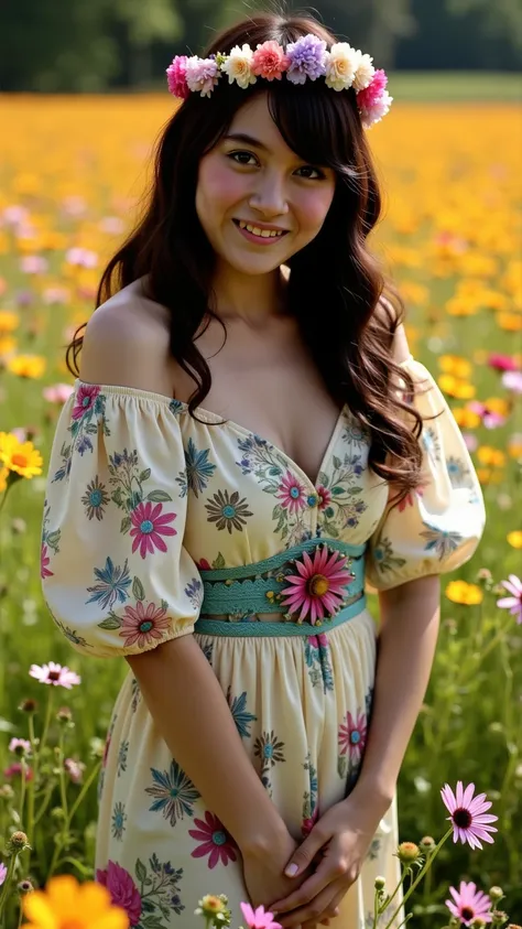 Young, light-skinned woman, likely in her late s or early twenties, stands amidst a vibrant field of wildflowers.  She wears a flowing, off-the-shoulder dress with a rich, ornate floral pattern in shades of cream, teal, and various vibrant colors.  The dre...