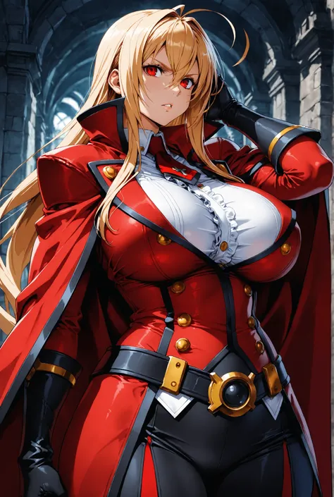 1girl, Red The Phantom , Blazblue,cowboy shot, oblyvion's real, hand on ear,big huge large breasts, parted lips,serious, cape, ,, masterpiece, best quality, amazing quality, detailed background, intricate details