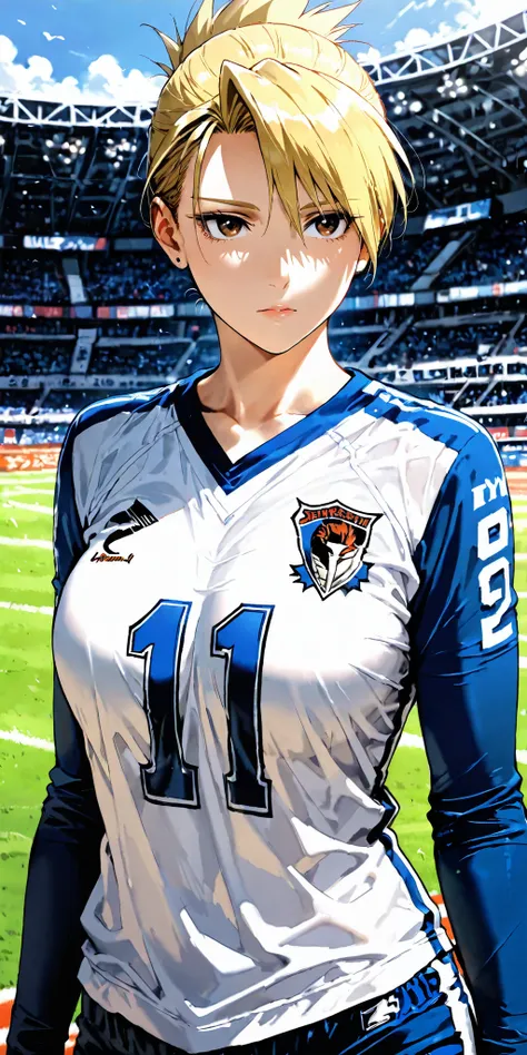 Masterpiece, mature woman, riza hawkeye, slim, upper body, long sleeve shirt, ultra detailed, highres, absurdres, home, portrait, semi realistic, football player costume in, stadium background.