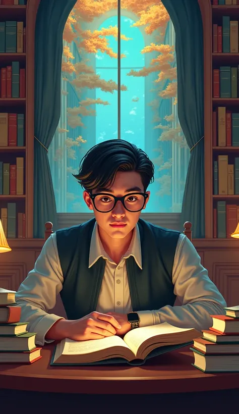 A young man sitting in labriy reading books wearing glasses with Asthaic way and colourful background wearing glasses 