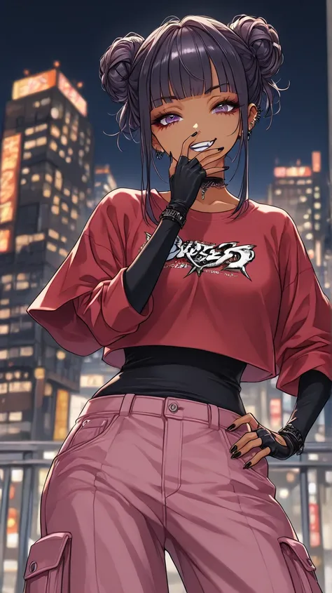 1Girl, Mature, Light Brown Skin, Dark Purple Eyes, Medium Wavy Jet Black Hair, Blunt Bangs, Double Bun, Black Lipstick, Smirk, Teeth, One Hand On Hips And One Hand Covering Mouth, Black And Red High-Cut Long-Sleeve Shirt, Pink Baggy Cargo Pants, Black Chok...