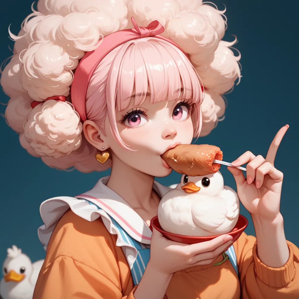 pink afro　bangs　 woman eating chicken 　 cute　　Lots of white ducks　 multi view, 