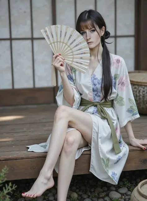 araffe woman in a  kimono sitting on a bench holding a fan, Portrait inspired by Ogata Korin, Tumbler, ukiyo-e, pale and coloured  kimono, white Hanfu, wearing  kimono, in  kimono, long beautiful flowing  kimono, Elegant yukata, Japanese clothing, Hanfu,  ...