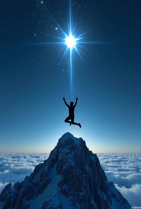 A  on a mountain jumping wanting to catch a bright star