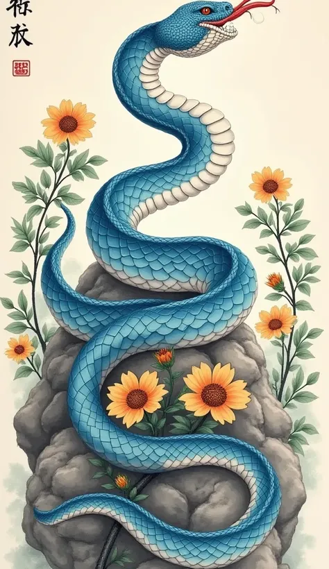  traditional Chinese ink painting style、(Chinese Zodiac_snake)，Light blue scales，rock,safflower,  Rich Details , Energy and vitality , Spring Festival,  Dense Leaves .( Quality Best,  masterpiece:1.2)