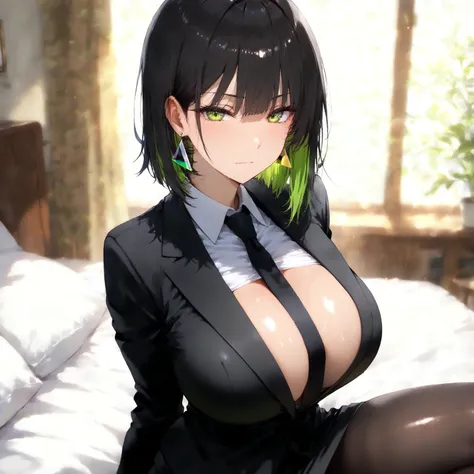 masterpiece, (((( best quality )))),1 girl, Japanese Anime ,,shiny skin, wearing a black suit,skirt suit, black tie , dark hair, short bob hair,The inner color of the hair is green, green eyes,isosceles triangle earrings, black tights,large breasts