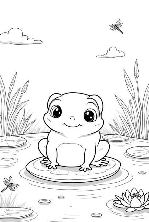 A cute, smiling Kawaii-style frog with big, sparkling eyes and a wide, joyful grin, sitting happily on a round lily pad in the middle of a tranquil pond. The frog has small, rounded hands and feet, and its body is plump and soft. The background features a ...