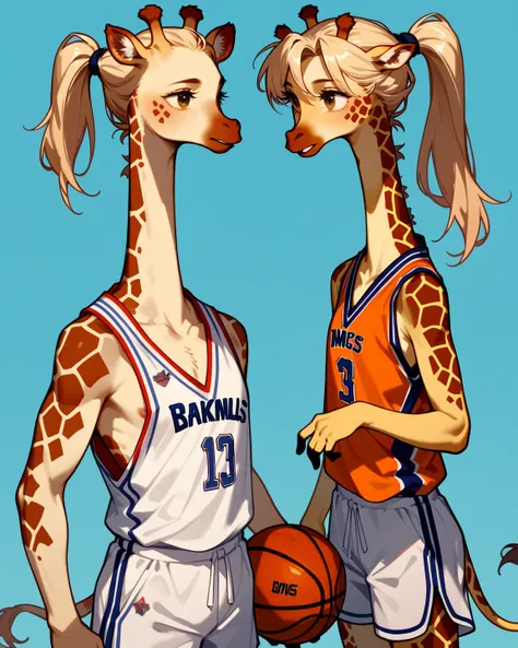 furry , (1 giraffe girl , ponytail , baggy basketball uniform , dribble) , (areola:0.8)