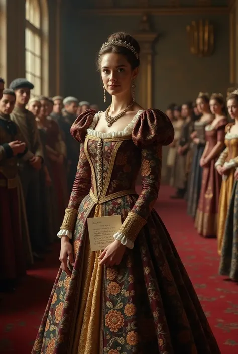 a woman standing confidently in a royal court, 16th century, wearing an elaborate Tudor gown with intricate embroidery, surrounded by noblemen and women, holding a letter in her hand, with a grand castle hall in the background, medium shot, hyper-realistic...