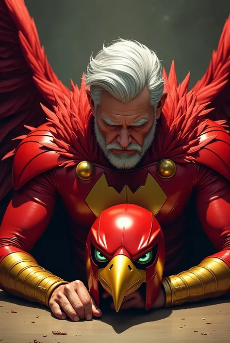 Comic Book Style 
a gray-haired man in red and gold clothing with ,  feathers with his head down looking at his bird-shaped helmet of the same color as his superhero outfit on the table, a beautiful and exciting scene  