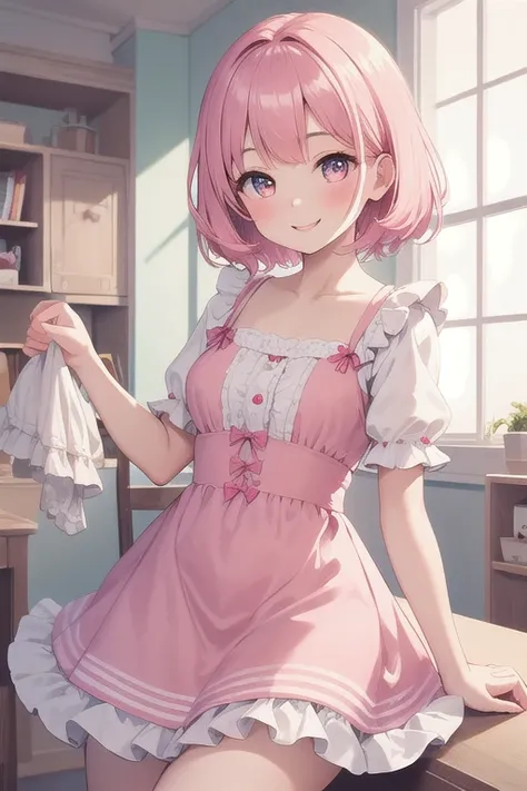 Best quality, high resolution, detailed, beautiful image quality, 1 girl, cute pale pink dress with frills, pink hair, short hair, big eyes, smiling face, lolicon, younger sister, overall sweet and dreamy atmosphere, white and pink room,