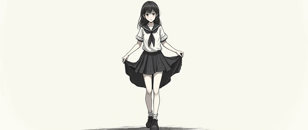  an embarrassed girl in uniform raising her skirt、 open legs、A rip in a long skirt 、 grabs a long skirt 、 change clothes、Raise one knee 、 disheveled clothes、perfect body、 low angle、 underwear can be seen through the gap between the crotches 、 angle from be...