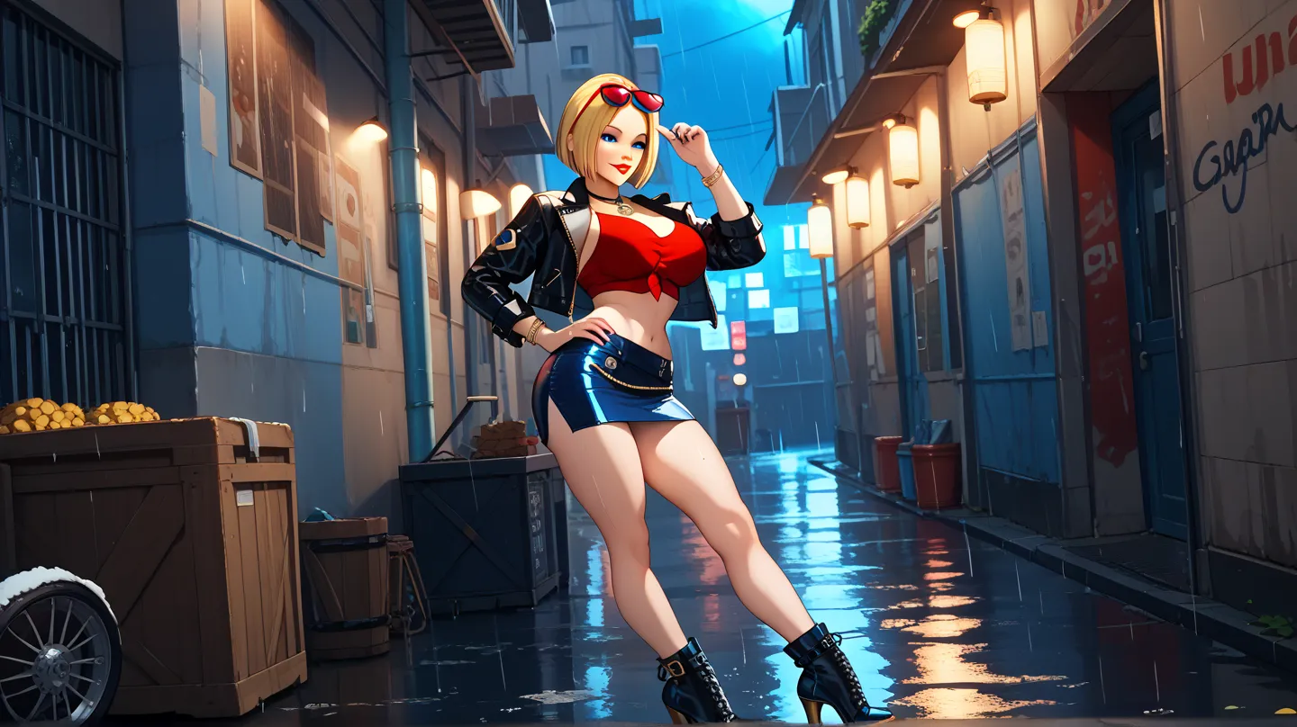 Sexy blue mary , UHD,  short hair ,  blond hair, with pigtails,  blue eyes, Red lips,  big breasts, gold necklace, Wearing red top, black leather jacket, black leather mini skirt,  high heel black boots ,  in an alley,  at night,  it's raining, standing, ,...