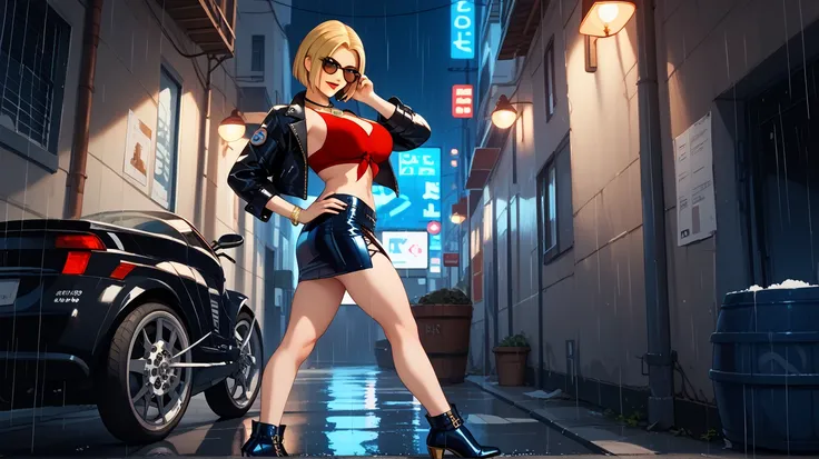 Sexy blue mary , UHD,  short hair ,  blond hair, with pigtails,  blue eyes, Red lips,  big breasts, gold necklace, Wearing red top, black leather jacket, black leather mini skirt,  high heel black boots ,  in an alley,  at night,  it's raining, standing, ,...