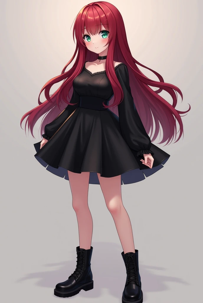 A girl (appearance: Long hair down to the lower back, deep crimson, dark blue-green eyes,  fair skin, broad chest,  wide hips,  thick thighs, thick butt, curvy waist) ( Clothing:  short black dress, dress boots) ( full body view )  digital art, Anime 4k,  ...