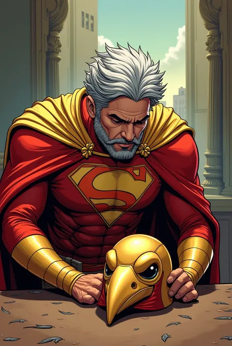 Comic Book Style Cartoon 
a man with gray hair and red and gold clothes,  feathers with his head down looking at his bird-shaped helmet of the same color as his superhero outfit on the table, a beautiful and exciting scene  