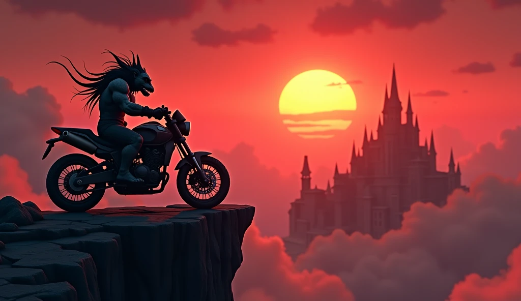 ((best quality)), world of warcraft, online setting, a proud and majestic character for the horde , Zandalari troll sits on a motorcycle on a cliff looking at the viewer against the background of the setting red sun illuminating the great city of Stormwind...