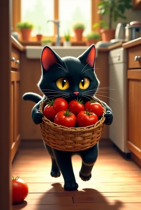 Black cat takes tomatoes to wash in the kitchen