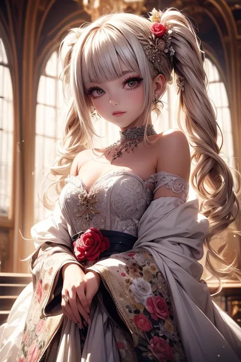   Masterpiece,   top quality,   high resolution,( anatomically correct), SA1,   Off Shoulder Floral Dress, Sparkling Eyes,     false eyelashes    ,   platinum blonde twin tails,   cute atmosphere  , 