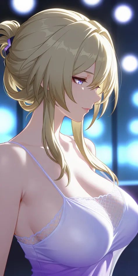 masterpiece, best quality, mature woman, milf, blonde hair, chignon hair, camisole, honkai: star rail cg style, upper body, dynamic lighting, blue light, purple and white colour costume.side view. light transparent dress, tight breast , net style blouse.