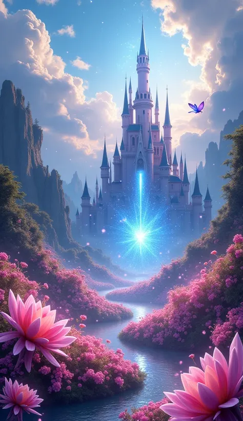 Magical dreamland, Magic Castle,  fantasy、A sparkling light dances、Light-filled、 beautiful、Butterfly flies、Crystal and flower fields、Mysterious、Glowing Flower