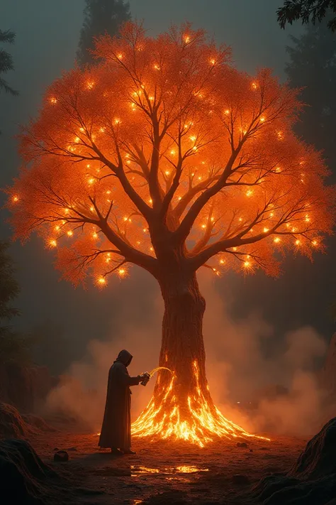 A mystical, glowing tree in a dark, enchanted environment. The tree has fiery leaves flickering like living flames, and its branches bear small, bright, flame-like apples that burn softly. The scene is illuminated by the firelight from the tree, creating d...