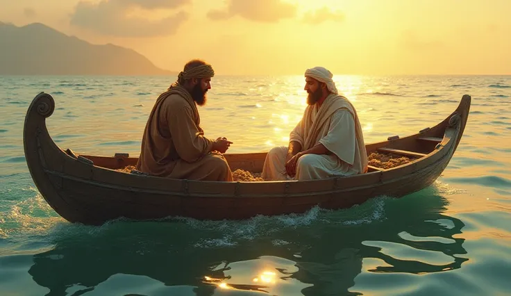 Hazrat Khidr (A.S.) and Prophet Musa (A.S.) on a Boat
A detailed scene of Hazrat Khidr and Prophet Musa sitting on a wooden boat, floating on calm waters. Hazrat Khidr is making a hole in the boat, while Prophet Musa looks surprised. The boatman watches in...