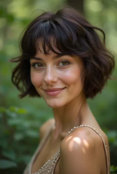 A brunette woman with short  hair ,  pale skin, brown eyes that of course support serenity and an enchanting smile that illuminates her face.  Her skin is radiant and her expression is bitter warmth and elegance .  The environment highlights her natural be...