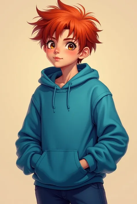 a red-haired adult with short hair wearing a blue sweatshirt and dark blue pants