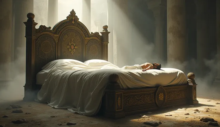  A biblical image of a huge iron bed next to a small man, visualizing his enormous size. professional lighting, epic, fantastic.