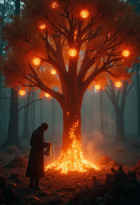 A mystical, glowing tree in a dark, enchanted environment. The tree has fiery leaves flickering like living flames, and its branches bear small, bright, flame-like apples that burn softly. The scene is illuminated by the firelight from the tree, creating d...