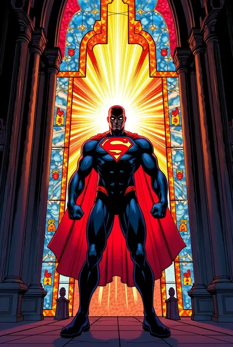 a stained glass window depicting a superhero scene with a maximum of 10 colors, without any color gradient