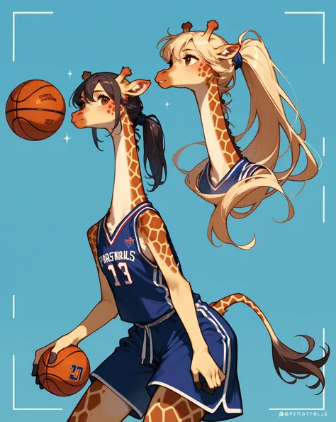 furry , (1 giraffe girl , petit tits  , ponytail , baggy basketball uniform , dribble) , (areola:0.8)