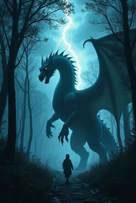 Animation of a giant dragon in a spooky storm forest can present a very gripping and suspenseful atmosphere.  Imagine trees swaying strongly due to strong winds ,  with lightning bar in a dark sky filled with thick clouds . Along the forest ,  the broken b...