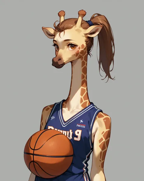 furry , (1 giraffe girl , petit tits  , ponytail , baggy basketball uniform , dribble) , (areola:0.8)