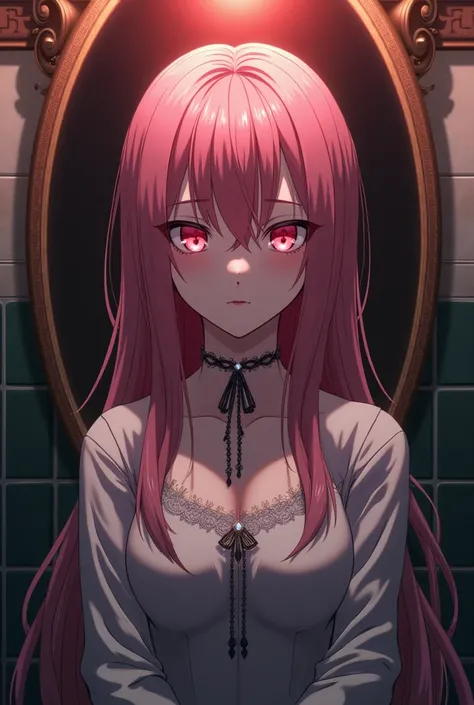 Toilet-Bound Hanako-kun Screencap of a female with dark pink hair and light red eyes 