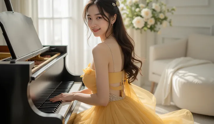 This is a high-resolution photo,A Japanese actress of about 20 years old ，Daitai luxury platform piano ，Five slender fingers，Playing the piano，Clear keyboard , artistic photography ， High Angle Shot 。 Very crooked hips ， slender calves ， fair skin，With cle...
