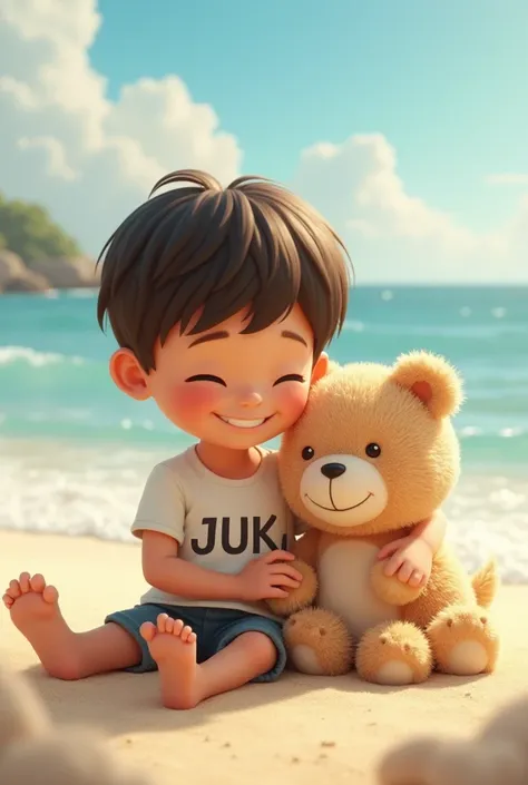 A boy with a t-shirt written on juki cuddles him on the beach