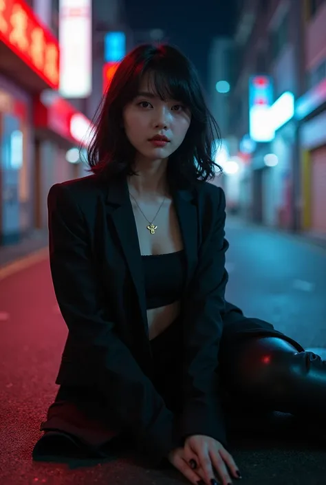 A korean girl which is twenty years old. She is very pretty and has a lip piercing. She has a black bob hairstyle. She poses on the floor of an empty city and it‘s night. The lights are red and blue.