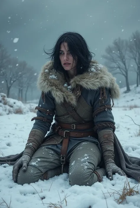  ( Donna) With black hair in an unkempt bob (Bestial barbarian class d &d) .  Use bandages like a breast band and loose pants .  He is on the ground full of wounds dying in the snow and his face is marked by suffering,  and his eyes are half-closed as he t...