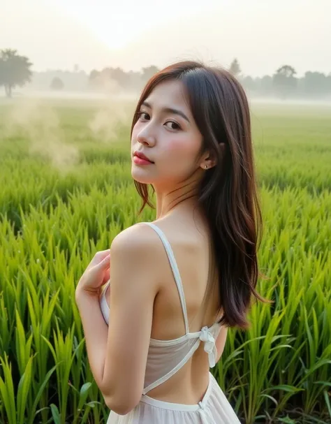 An analog photo of a Thai woman in a sheer dress with a cleavage cut, striking a pose in a lush green rice field at dawn. The mist rises gently from the ground, and the soft morning light enhances the translucency of her dress. The vibrant greens of the fi...