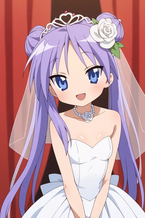 masterpiece,best quality,{{detailed beautiful face and eyes}}, very detailed background,
Kagami Hiiragi,{{{megami magazine}}},long hair,purple hair,twintails,hair ribbon,blue eyes,small breasts,
1girl,hairstyle: (wedding bun:1.2)
Outfit: (wedding dress,int...